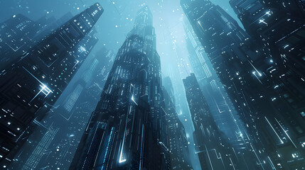 A conceptual digital depiction of a skyscraper constructed from interlinked. radiant data flows and designs