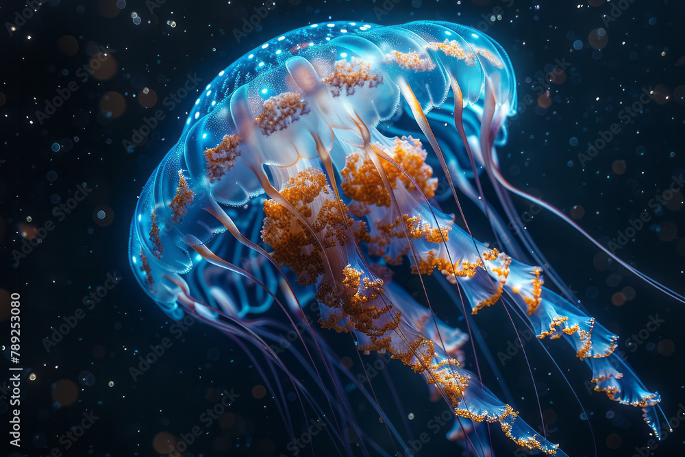Poster a scene showing a jellyfish with bioluminescent led tentacles, illuminating the dark ocean depths as
