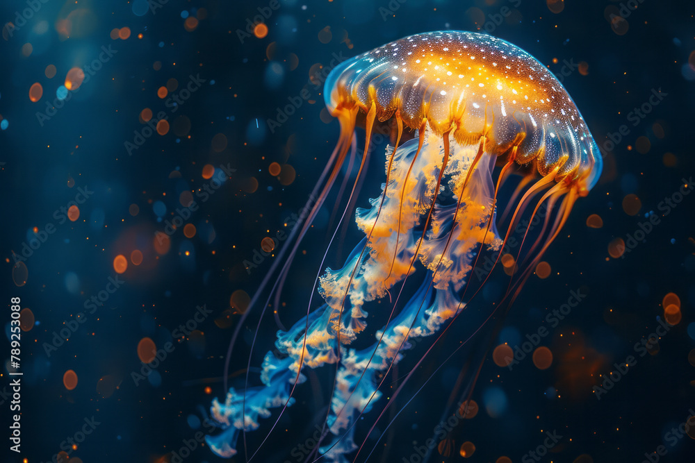 Poster A scene showing a jellyfish with bioluminescent LED tentacles, illuminating the dark ocean depths as