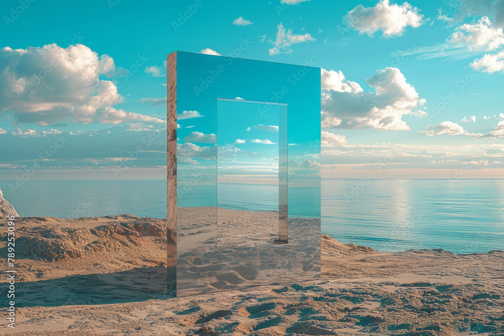 Poster a scene showing a mirrored door on a sandy beach that reflects the ocean and sky, blending seamlessl