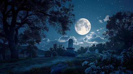Tomb stone with moon natural light on cimetery - obrazy, fototapety, plakaty