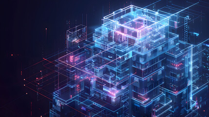 A conceptual digital illustration of an apartment building made from interconnected. glowing data streams and blueprints