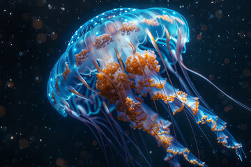 A scene showing a jellyfish with bioluminescent LED tentacles, illuminating the dark ocean depths as