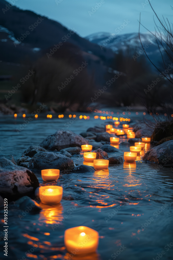 Poster a scene showing a riverbank where each pebble is a tiny glowing lamp, lighting up the water's edge.