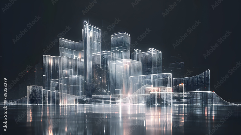 Poster a creative digital representation of a residential block formed from connected. luminous data waves 