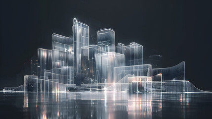 A creative digital representation of a residential block formed from connected. luminous data waves and schematics