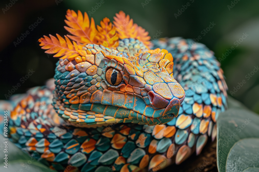 Aufkleber A vibrant snake adorned with a feathered crest running down its back, blending into the colorful rai