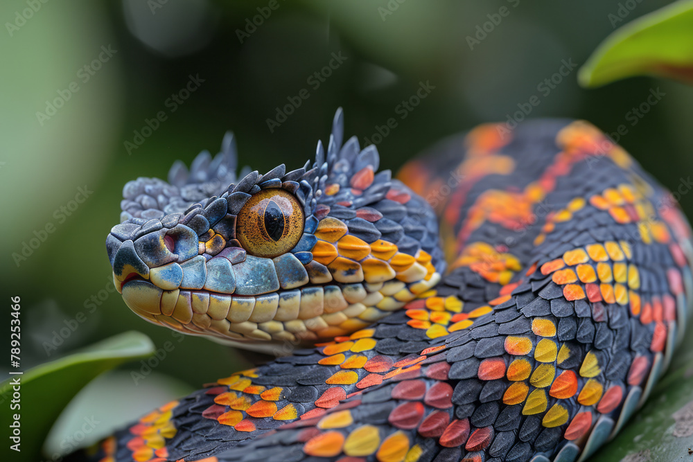 Poster A vibrant snake adorned with a feathered crest running down its back, blending into the colorful rai
