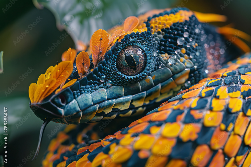 Aufkleber A vibrant snake adorned with a feathered crest running down its back, blending into the colorful rai