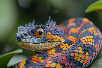 A vibrant snake adorned with a feathered crest running down its back, blending into the colorful rai - obrazy, fototapety, plakaty