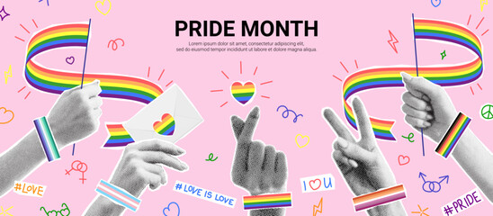 Festive collage for Pride Month. Vector illustration with halftone hands holding flags and shows different gestures. Collage with cut out paper elements for decoration of LGBT events.