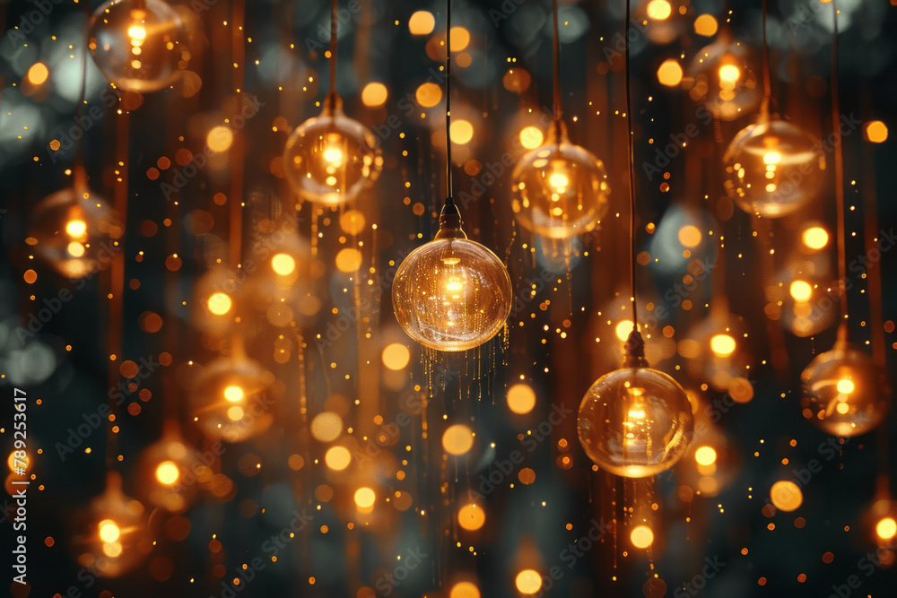 Poster an image capturing a light installation where the fixtures resemble fireflies, randomly placed but c