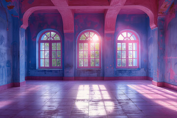 An image illustrating a yoga studio with walls painted in soothing lavenders and soft pinks, promoti