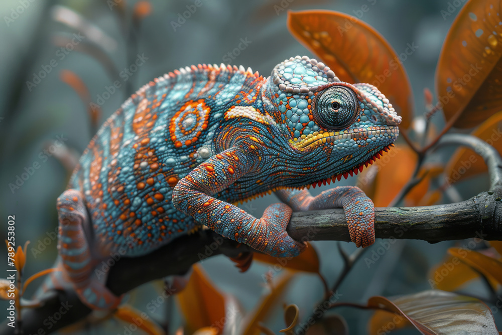 Poster an image of a chameleon with nano-camouflage skin, able to display complex digital images across its