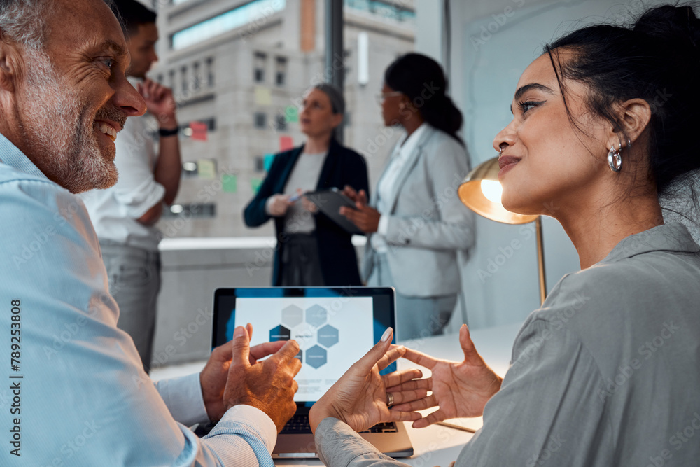 Poster Employees, laptop and office for business meeting, strategy and collaboration for workflow or presentation. Discussion, teamwork and digital proposal, company and research results for economic growth