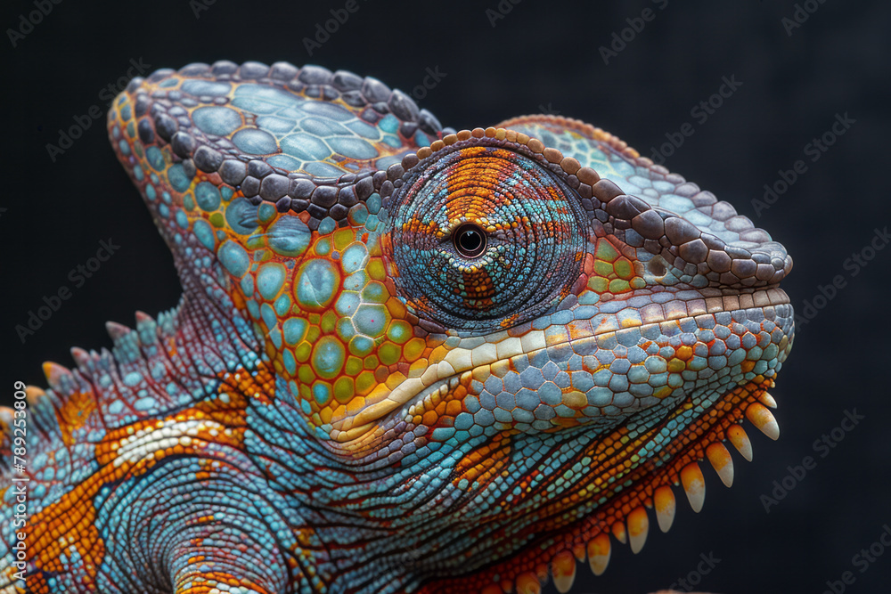 Poster an image of a chameleon with nano-camouflage skin, able to display complex digital images across its