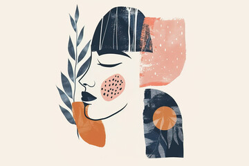 Serene woman with plants in minimalist style. Generative AI image