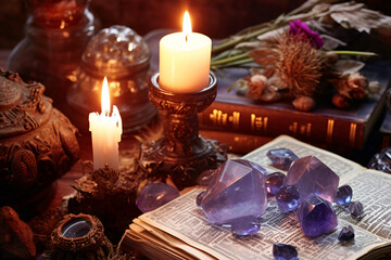 Obraz na płótnie Canvas Magic still life with fluorite, quartz crystal, candle and ancient book of spells. Rocks for mystic ritual, witchcraft Wiccan or spiritual practice. Ritual for love and chakra balance. AI Generative