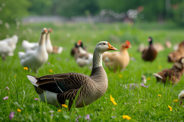 Poultry farm or yard. Different types of poultry: geese and chickens on green grass, feeding. Eco farm, agriculture. Generative AI
