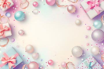 Christmas and New Year's background frame from Christmas balls, serpentine, gift boxes in pastel colors. AI Generative. Copy space for text, Invitation greeting card mock up..