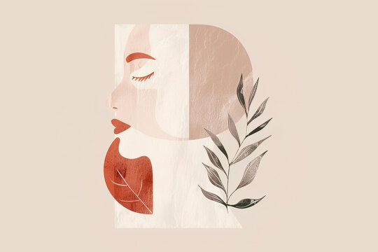 Abstract female profile with botanical elements. Generative AI image