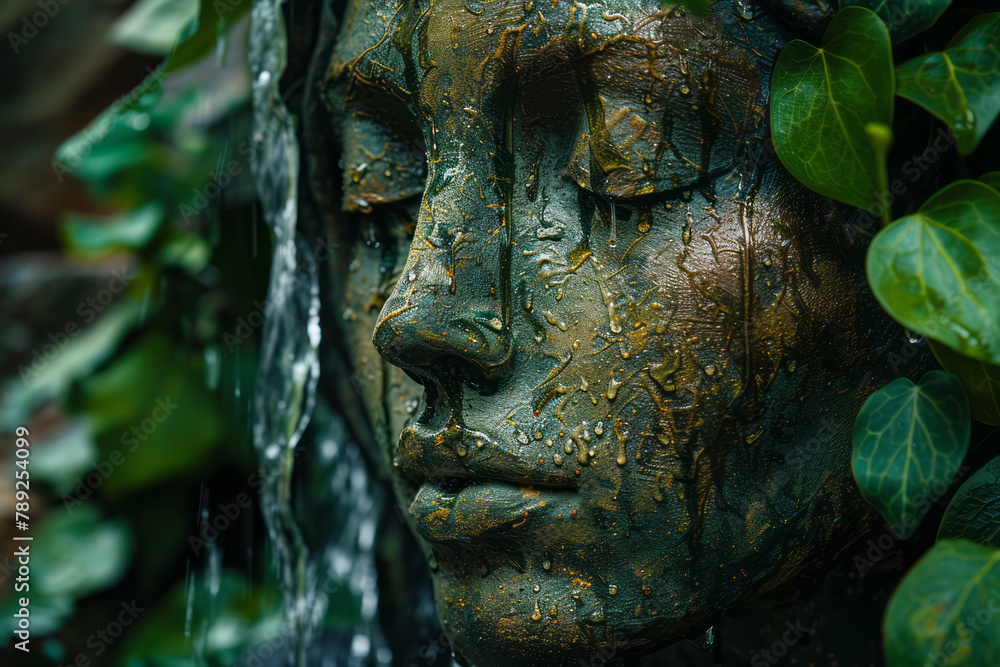 Poster an image of a face where the mouth opens to reveal a lush, miniature rainforest complete with a wate