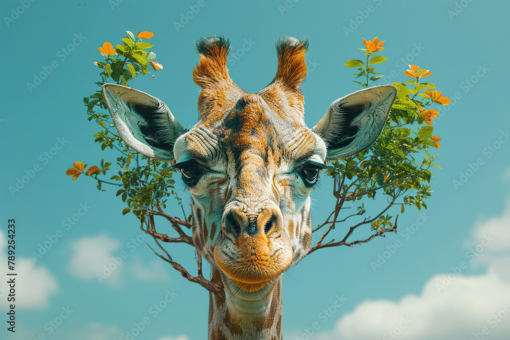 Poster An image of a giraffe with a neck like a tree trunk, complete with branches and leaves sprouting tow
