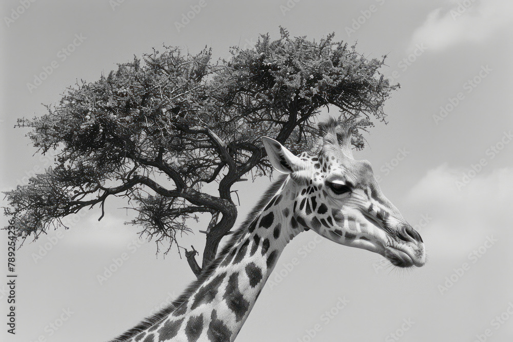 Poster An image of a giraffe with a neck like a tree trunk, complete with branches and leaves sprouting tow