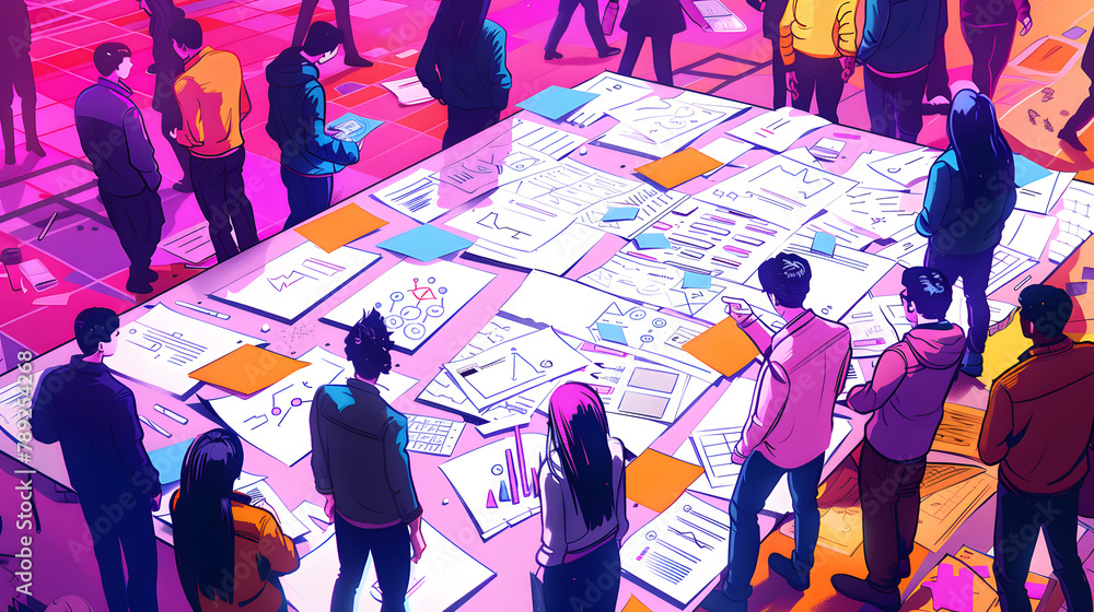 Poster a depiction of individuals gathered around a massive table scattered with papers. examining the docu
