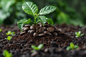 Healthy green coffee plant growing among roasted coffee beans on rich soil, signifying growth and origin - obrazy, fototapety, plakaty