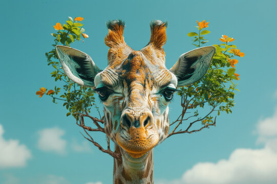 An image of a giraffe with a neck like a tree trunk, complete with branches and leaves sprouting tow