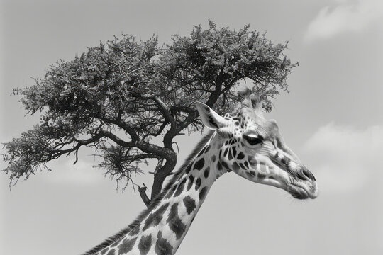 An image of a giraffe with a neck like a tree trunk, complete with branches and leaves sprouting tow