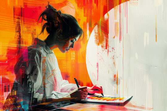 An image of a graphic artist designing abstract movie poster art, using digital tools to evoke the f