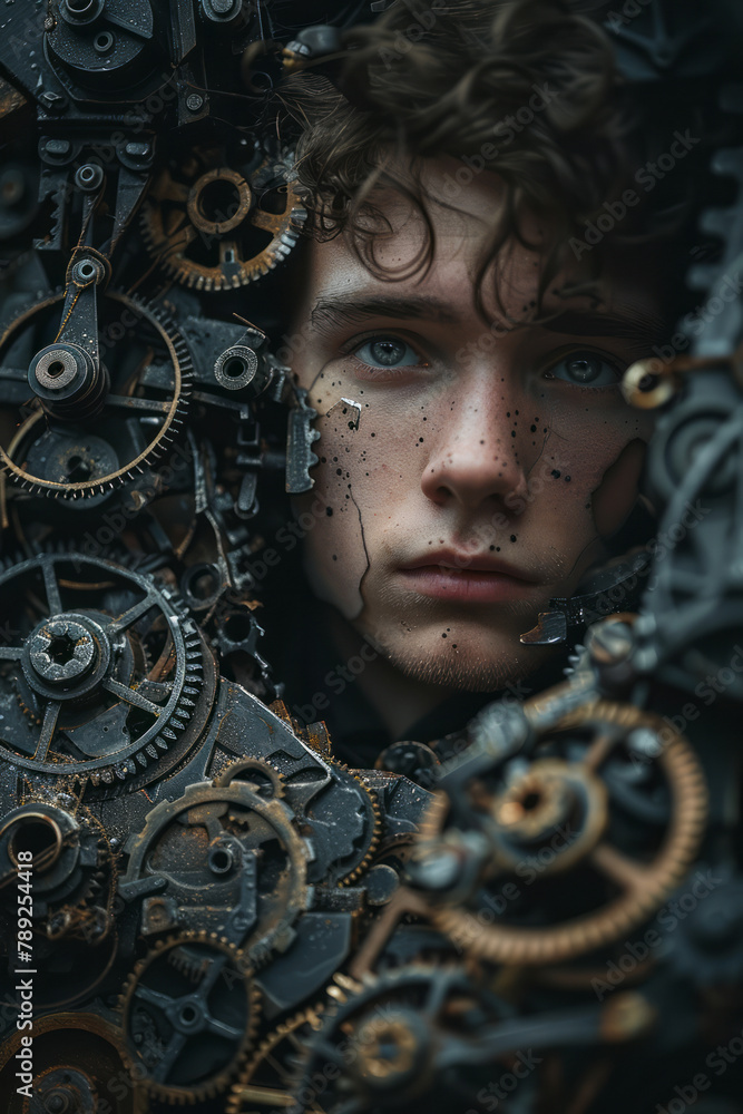 Poster An image of a person with their chest opened to reveal an intricate clockwork mechanism, gears and s