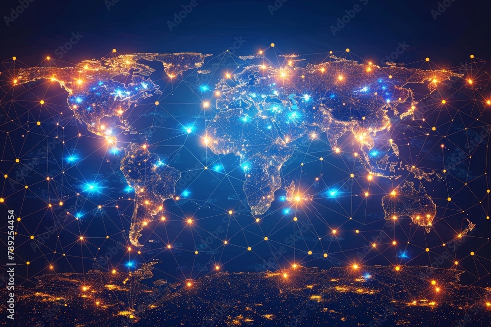 Poster a high-tech digital representation of connected glowing lines on a world map, depicting global commu