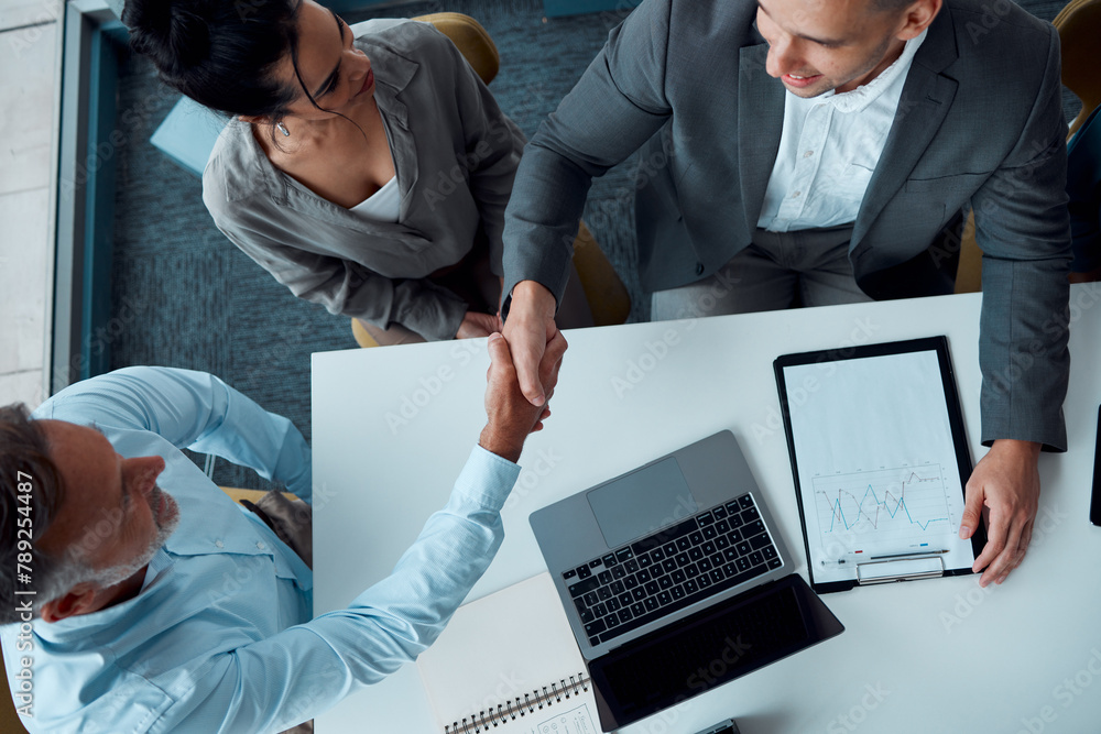 Aufkleber handshake, meeting and welcome with business people in office for hiring or recruitment from above. 