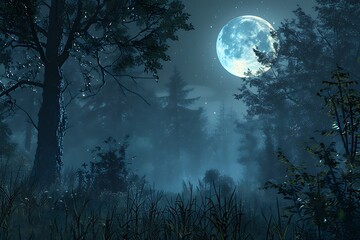 Fototapeta na wymiar : A quiet, peaceful scene of a forest at night, with a bright moon illuminating the treetops