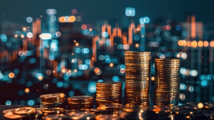 Double exposure of coins stack with graph chart and night cityscape. Economic, business, financial and stock market growth concept. - obrazy, fototapety, plakaty