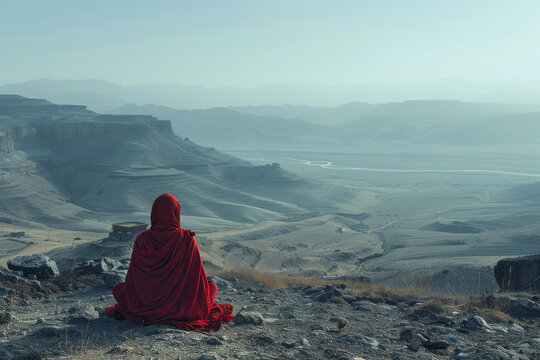 An image of a peaceful monastery with monks visible in meditation, which disappears into the desert
