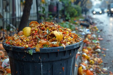 Food waste piles up in an outdoor bin on a gloomy, wet day, reflecting urban consumption and discard patterns