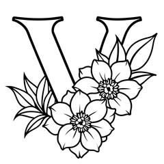 Alphabet V coloring page with the flower, V letter digital outline floral coloring page, ABC coloring page