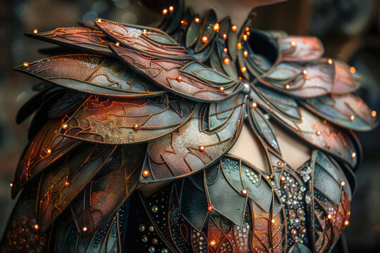 An image of a wearable art piece fashioned to look like a piece of cosmic armor, incorporating LEDs