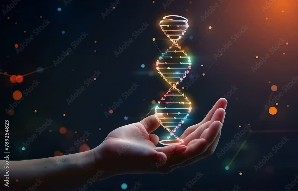 Poster Hand cradling a luminous DNA strand with sparkling nodes and bokeh particles on a dark backdrop. Futuristic depiction of genetic engineering and biotechnology advancements with space for text