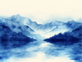 Ink painting landscape in blue and white colors