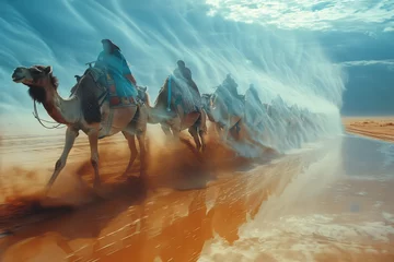 Foto op Plexiglas An image showing a caravan of camels that appears to be floating above the desert sand, a trick of t © Oleksandr