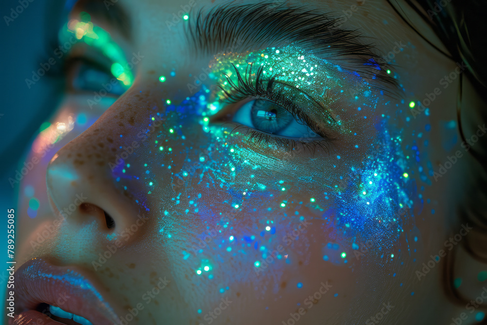 Leinwandbilder an image showing a makeup artist creating a look inspired by the aurora borealis, using shimmering g