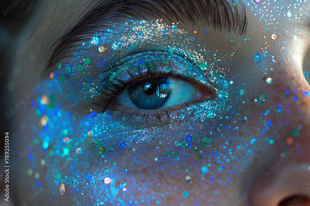 Poster An image showing a makeup artist creating a look inspired by the aurora borealis, using shimmering g