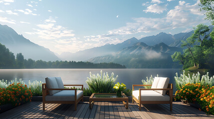 a deck with a view of mountains and a lake
