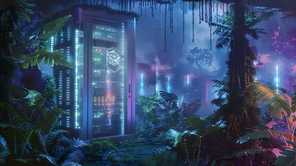 A digital center with hydroelectric power plants and wind power stations in the panorama. enveloped by a vibrant jungle and LED-colored lights on one side