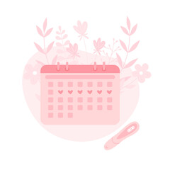 Menstrual Period calendar with floral background and test. Planning pregnancy.  Menstruation woman cycle control